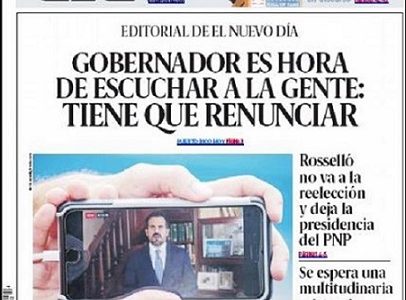 Portada del periódico El Nuevo Día donde piden renuncia de Rosselló. 