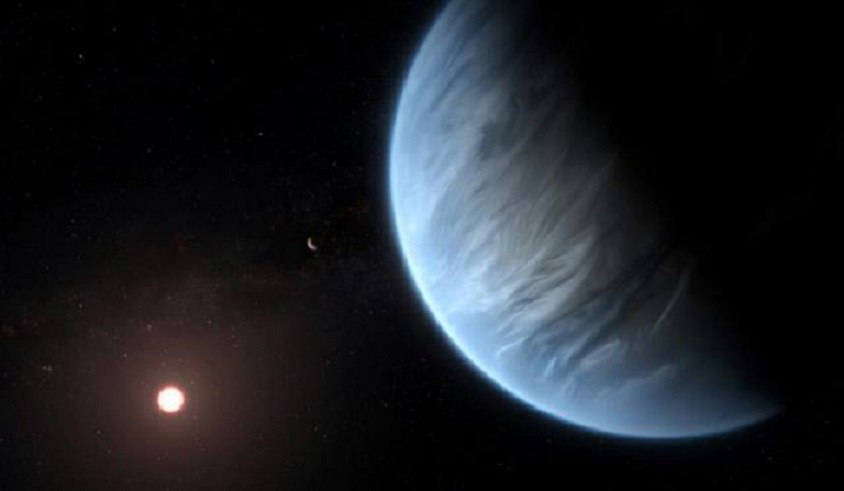Una representación artística de la super-Tierra K2-18b, el único exoplaneta conocido con agua y temperaturas que podrían posibilitar la vida. (Foto ESA/Hubble)