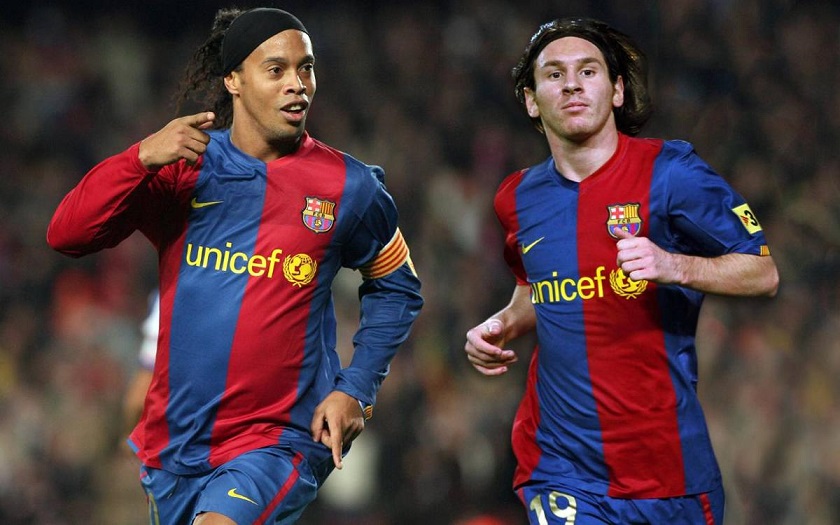 Ronaldinho y Lionel Messi excompañeros equipo.