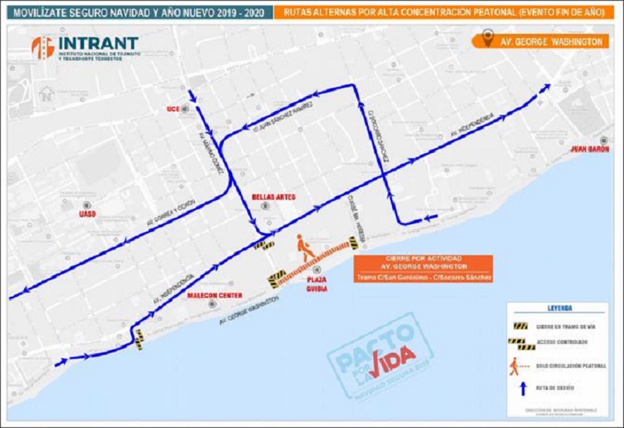 Mapa con cierre de tramos de avenidas en el Gran Santo Domingo por fiestas de Fin de Año.