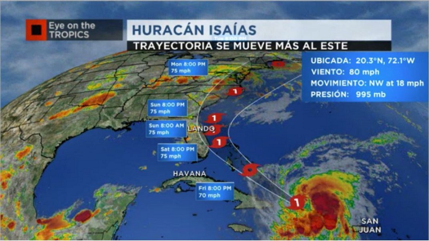 Isaías ya es huracán categoría 1 al Sur de las Bahamas.