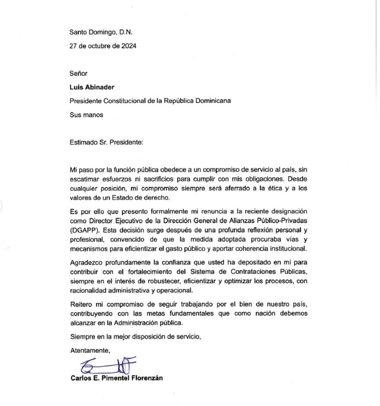 Carta publicada por Carlos Pimentel anunciando su renuncia a la DGAPP.